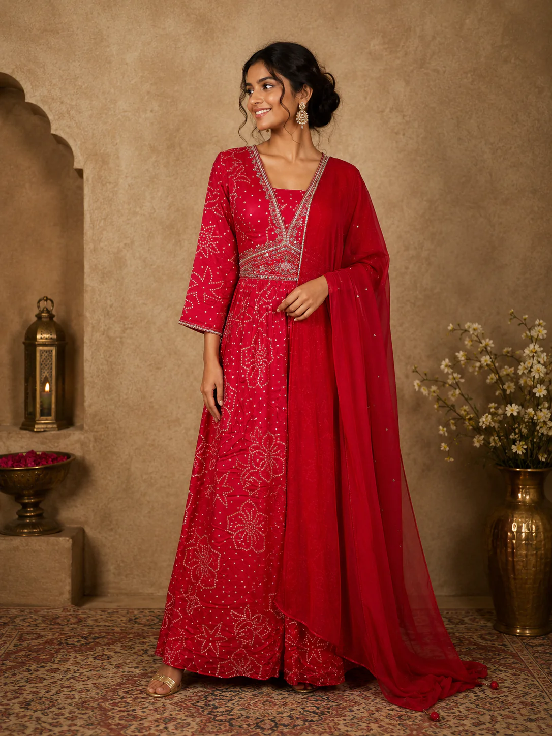Dark Pink Floral Printed Design Georgette Party Wear Gown with Dupatta